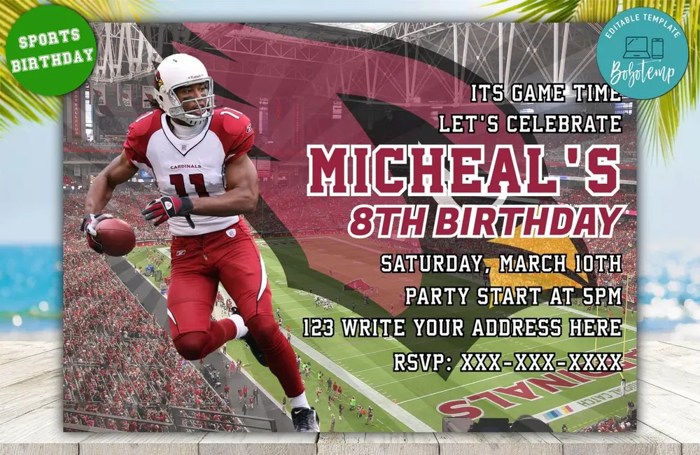 Editable Arizona Cardinals Birthday Invitations Instant Download | Bobotemp