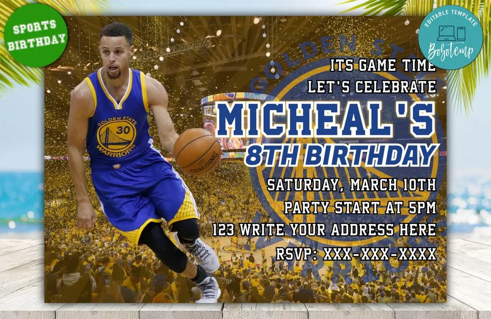 Editable Golden State Warriors Birthday Invitations DIY | Bobotemp