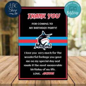 Miami Marlins Thank you card Template to Print at Home Instant Download