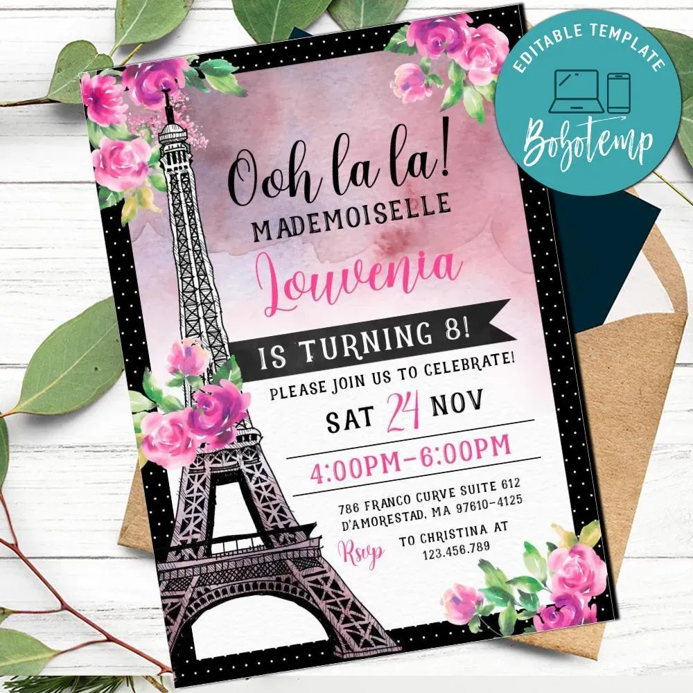 Eiffel Tower Invitation Customizable Template Instant Download | Bobotemp
