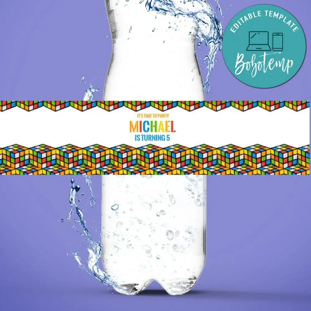 Rubik's cube Birthday Water Bottle Label Template DIY | Bobotemp