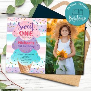 Ice Cream Sweet One 1st Birthday Flyer with Photo Printable Instant Download