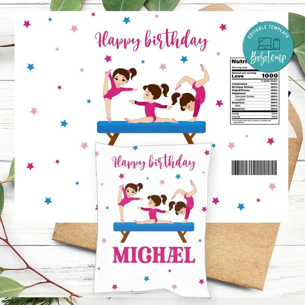 Gymnastics Birthday Chip Bag Digital File DIY Createpartylabels