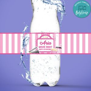 Pink Movie Night Birthday Water Bottle Label Template to Print at Home Instant Download