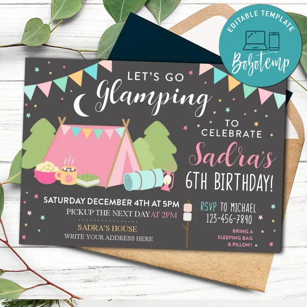 Glamping Camping Slumber Party Invitation Instant Download | Bobotemp