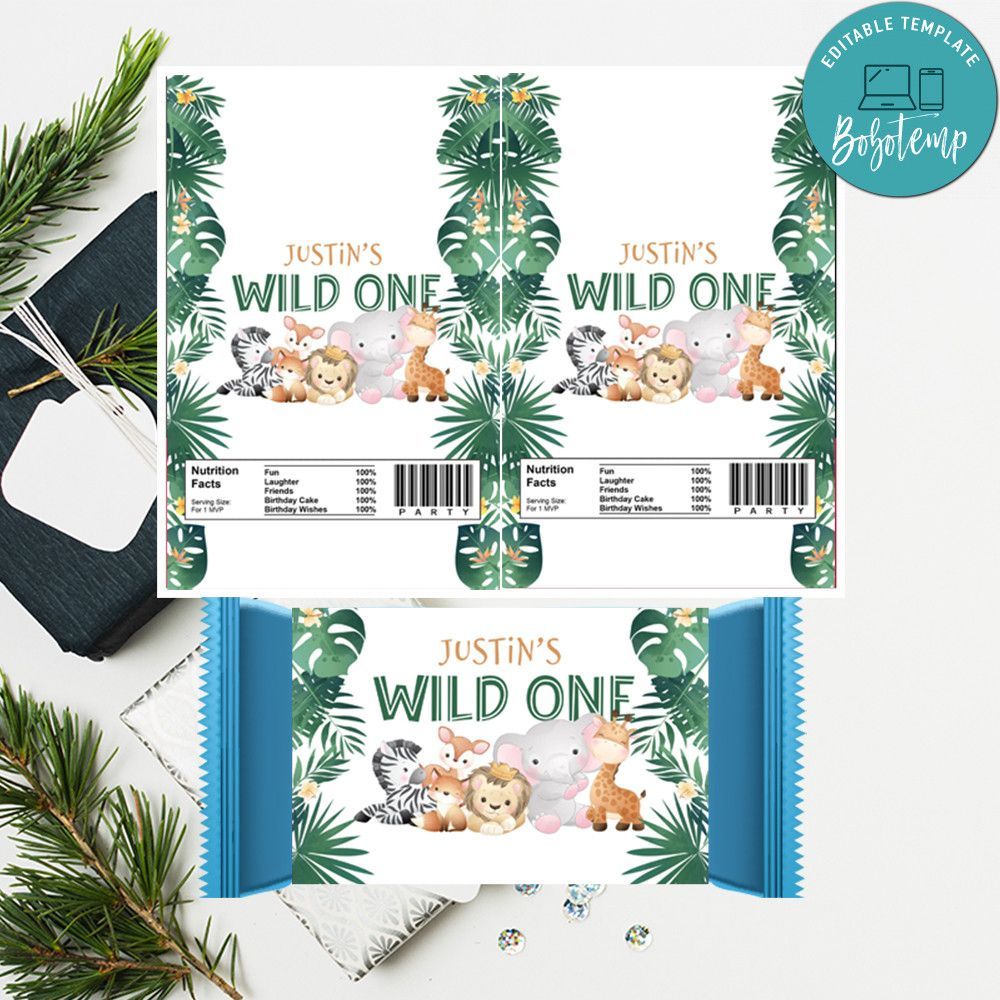 Jungle Safari Wild One Candy Bar Wrapper Digital File Printable Instant Download