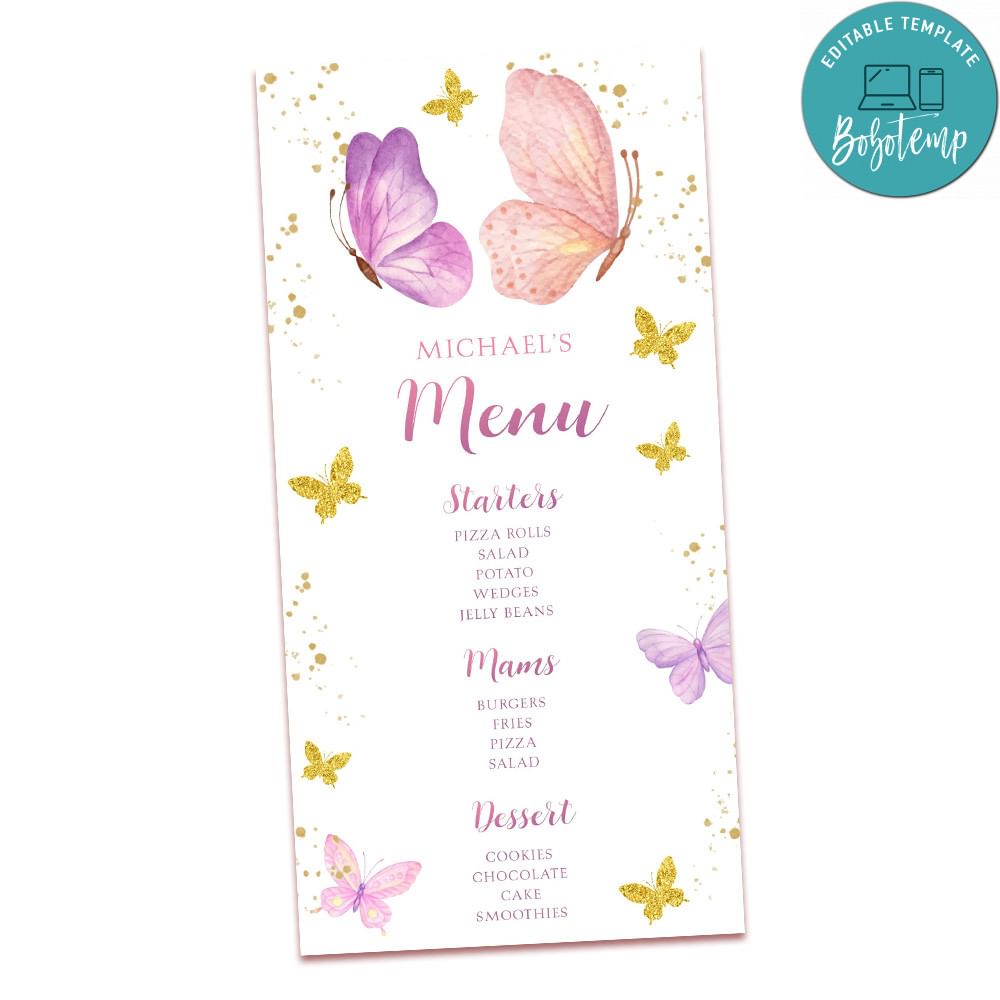 Butterfly Party Menu Template to print at home DIY | Bobotemp