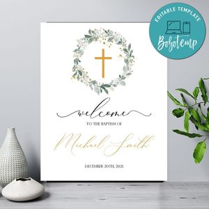 Gold Greenery Baptism Welcome Sign Customizable Template Instant Download