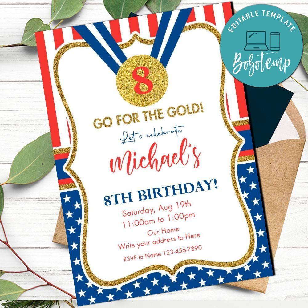 Red White Blue Gold USA Olympics Invitation Customizable Template | Bobotemp for Free Printable Olympic Party Invitations