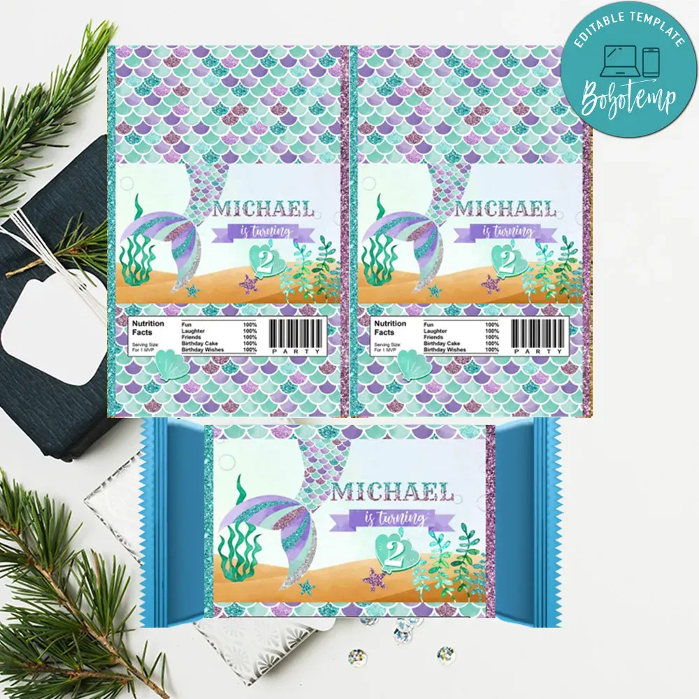 Mermaid tail Candy Bar Wrapper Label Digital File | Bobotemp