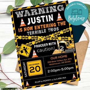 Construction Warning! Now Entering The Terrible Twos Birthday Flyer Printable Instant Download