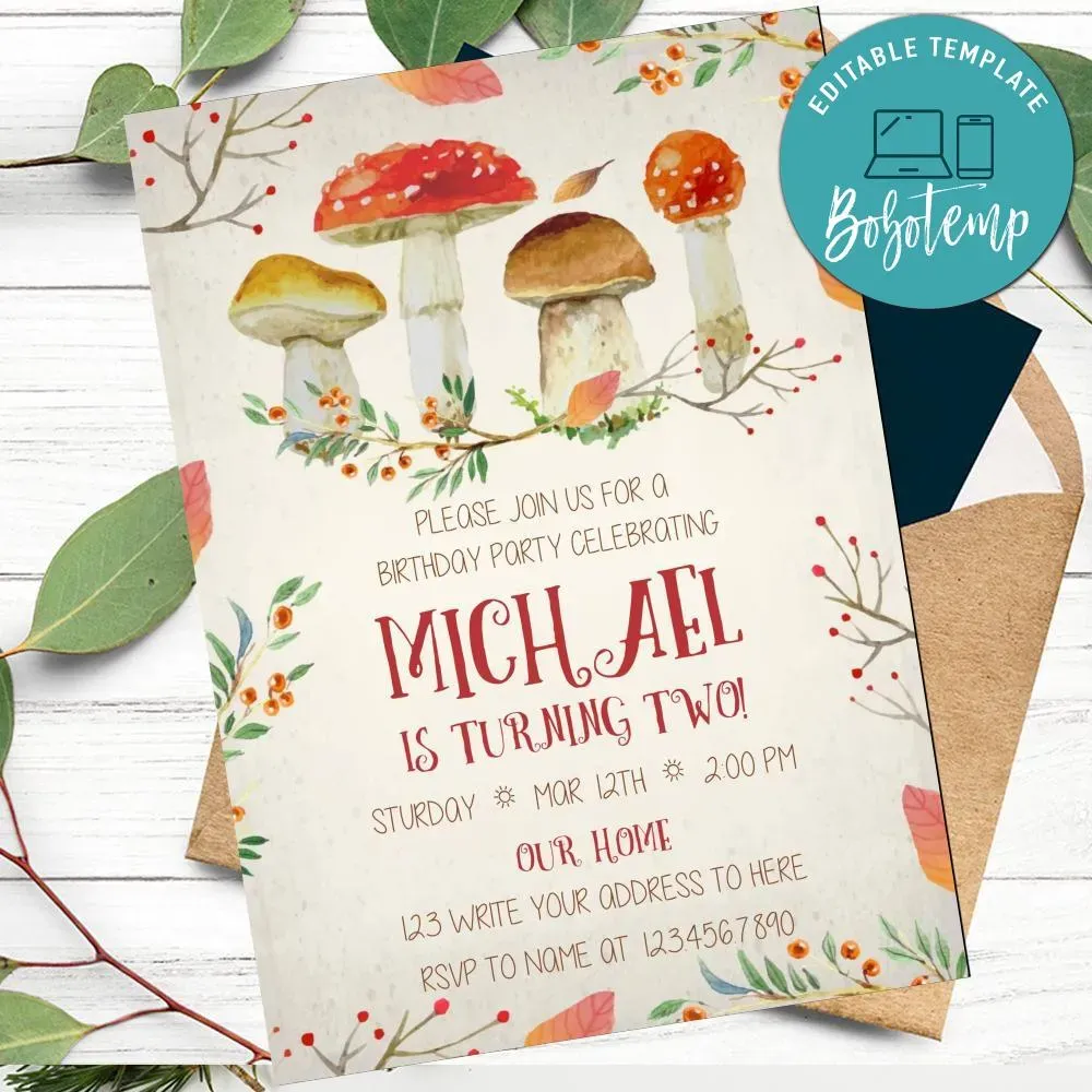 Mushroom Birthday Flyer Template to Print at Home DIY | Bobotemp