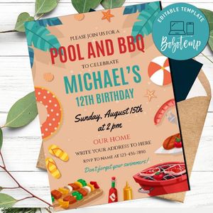 Pool BBQ Party Invitation Customizable Template Printable Instant Download