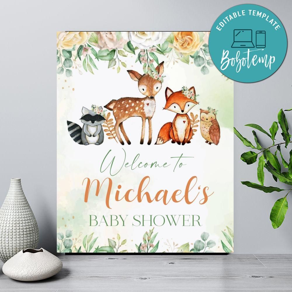 Girl woodland animals Baby Shower Welcome Sign Printable DIY | Bobotemp
