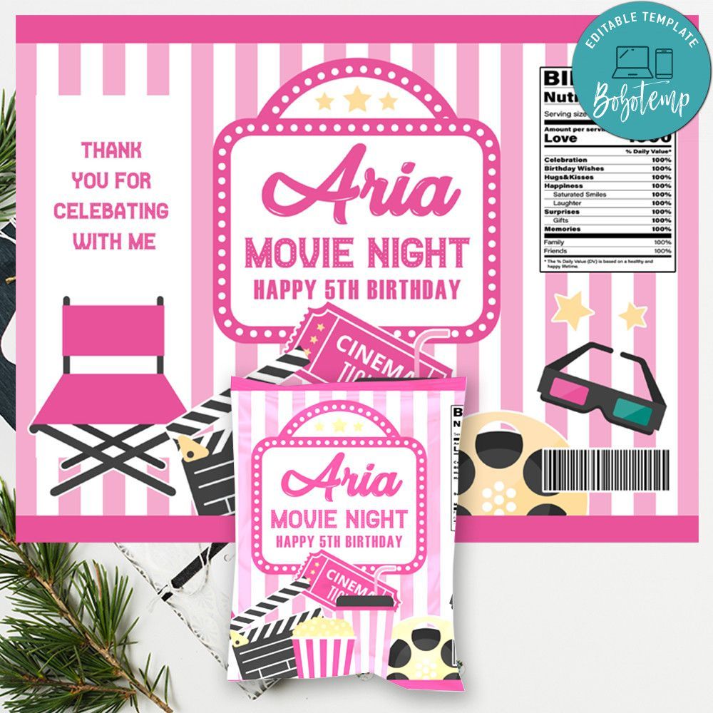 Pink Movie Night Birthday Chip Bag Digital File Instant Download