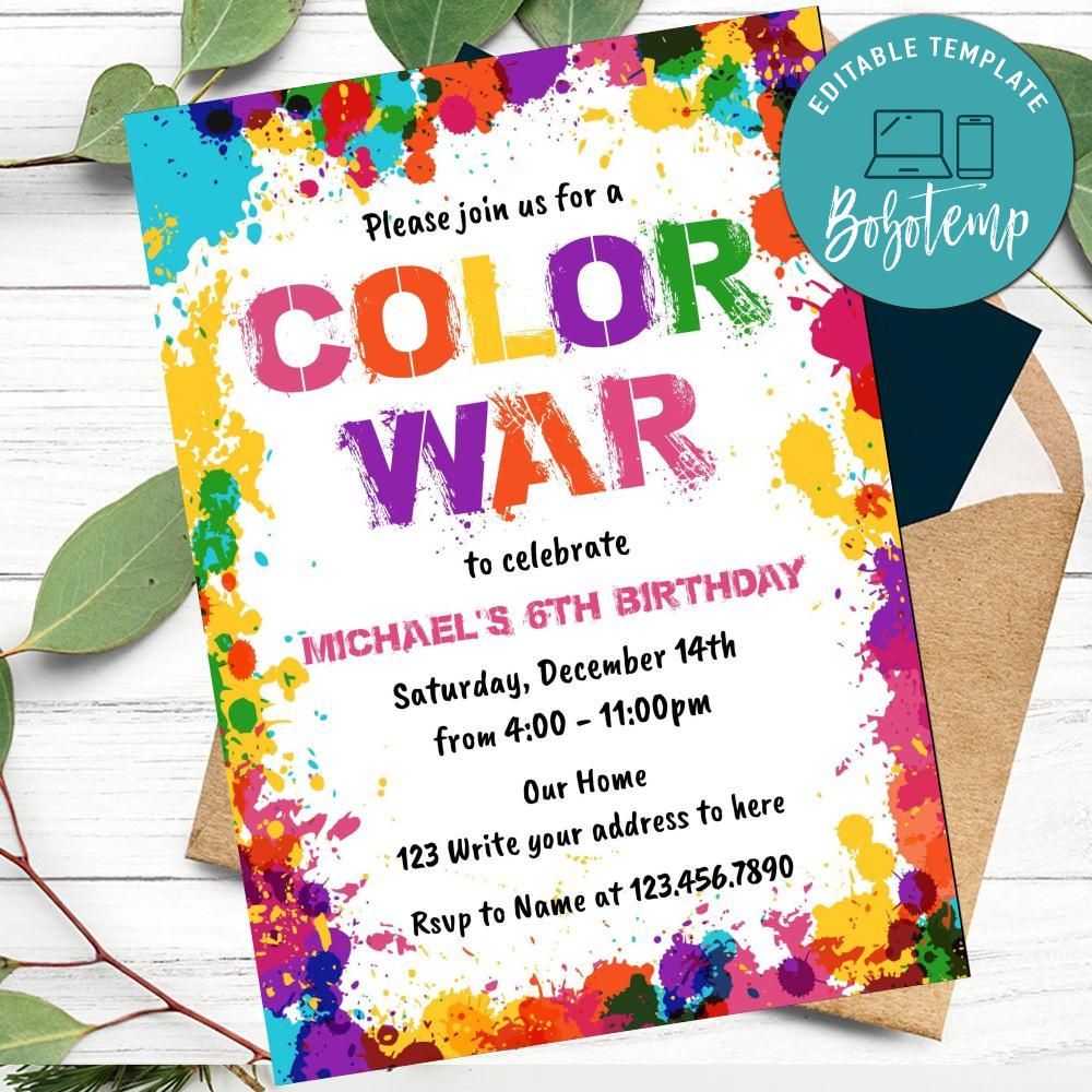 Color War Invitation Customizable Template | Bobotemp