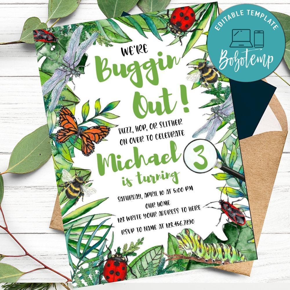 Insect birthday Invitation Template to Print at Home DIY | Bobotemp