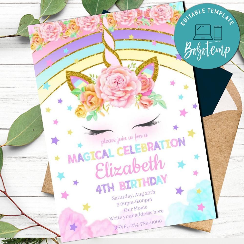 Happiest Rainbow Unicorn Birthday Invitation Printable DIY | Bobotemp