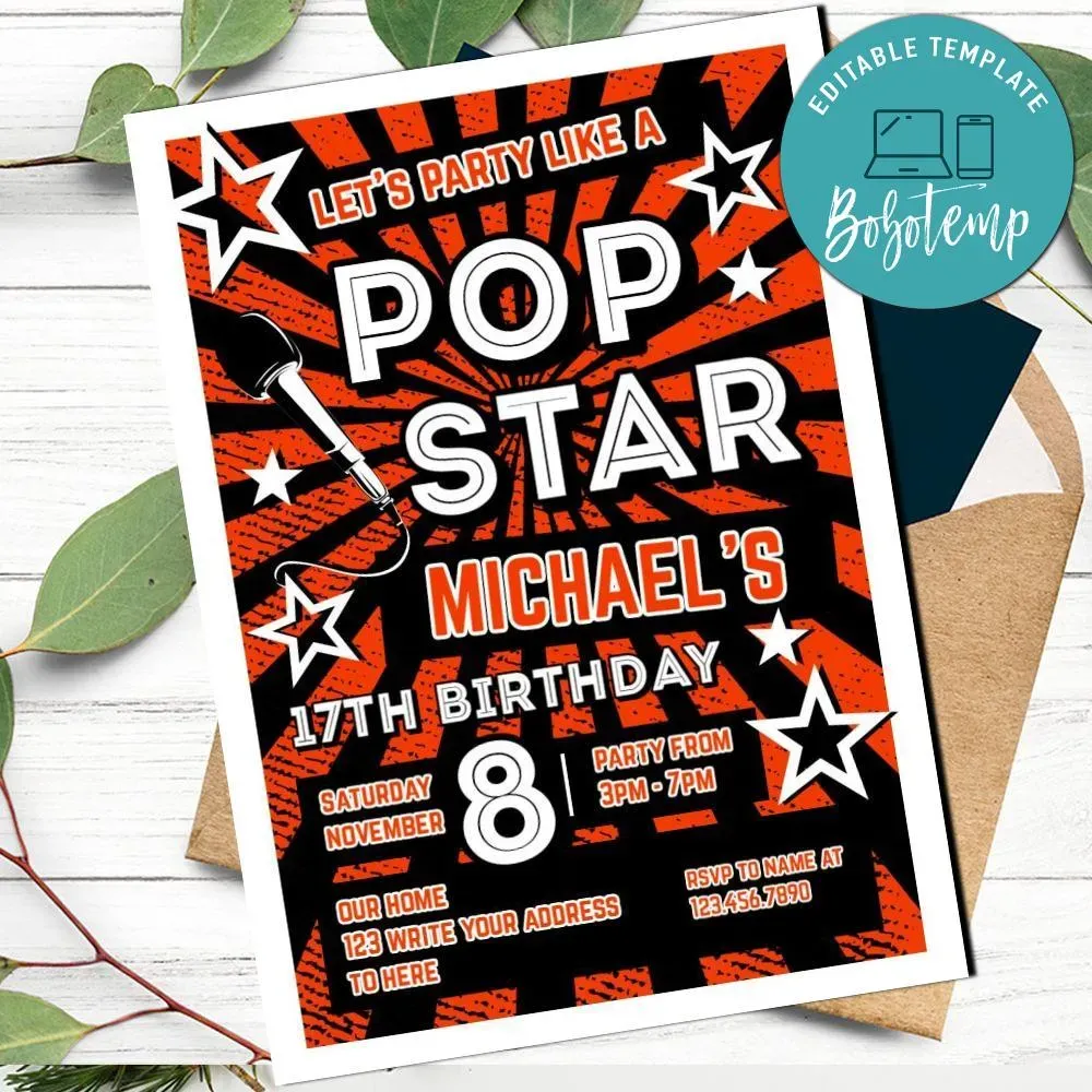 Pop star Invitation Customizable Template DIY | Bobotemp
