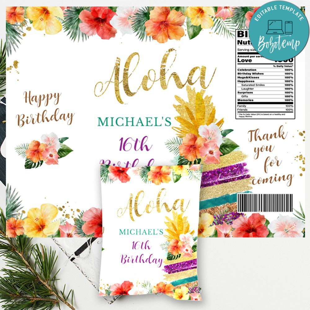Hawaiian Luau Birthday Chip Bag Digital File Instant Download