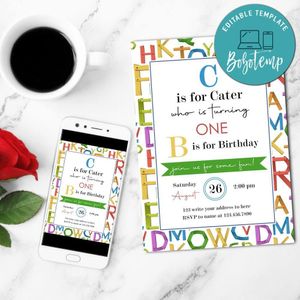 Alphabet birthday Invitation Template to Print at Home Instant Download