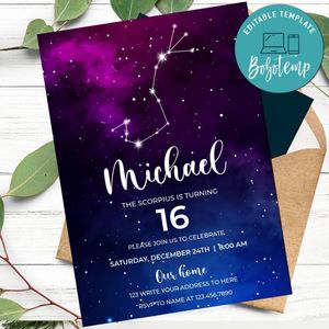 Zodiac Scorpius Birthday Invitation Customizable Template Instant Download