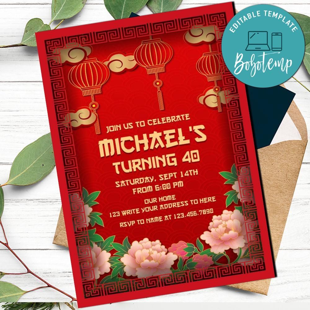 Oriental Birthday Party Invitation Customizable Template DIY