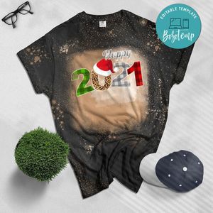 Happy 2021 Happy New Year Buffalo Plaid Leopard Christmas Bleached T-Shirt