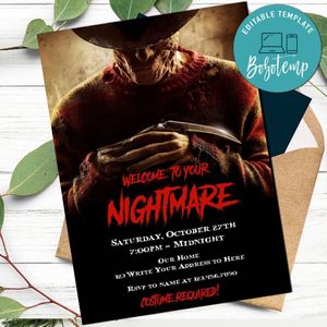 Freddy Krueger Invitation Customizable Template to print at home Instant Download