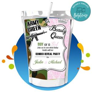 Army Green or Beauty Queen Gender Reveal Capri Sun Labels Digital File Printable Instant Download