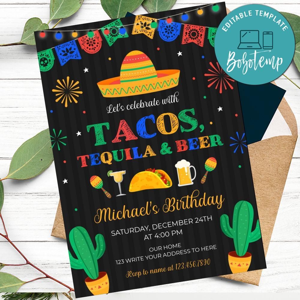 Taco Tequila and Beer Invitation Customizable Template DIY | Bobotemp