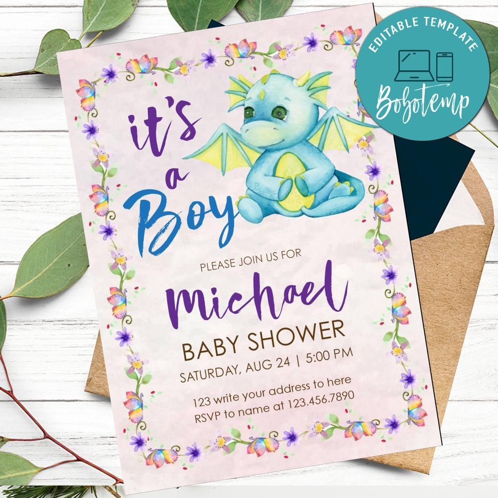 Dragon Boy Baby Shower Invitation Customizable Template DIY Bobotemp