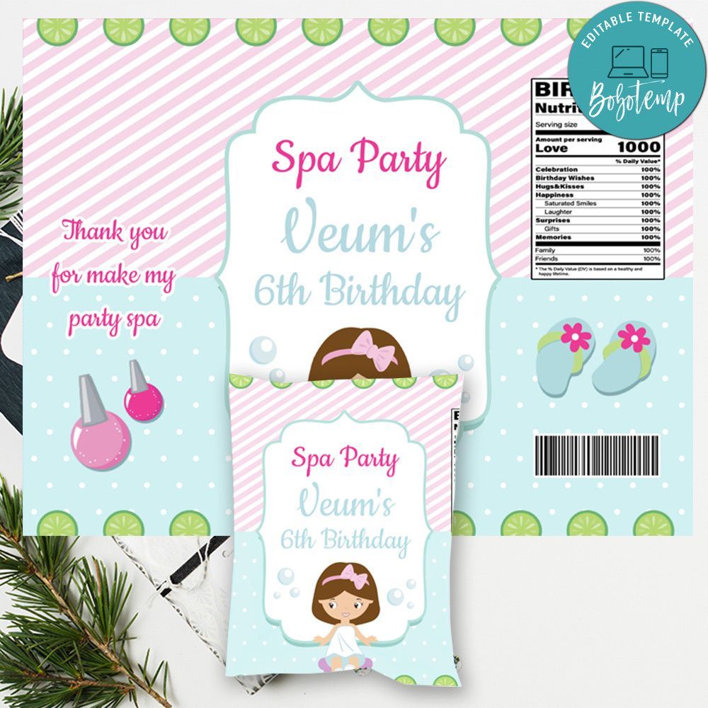 Spa Birthday Party Chip Bag Digital File Instant Download
