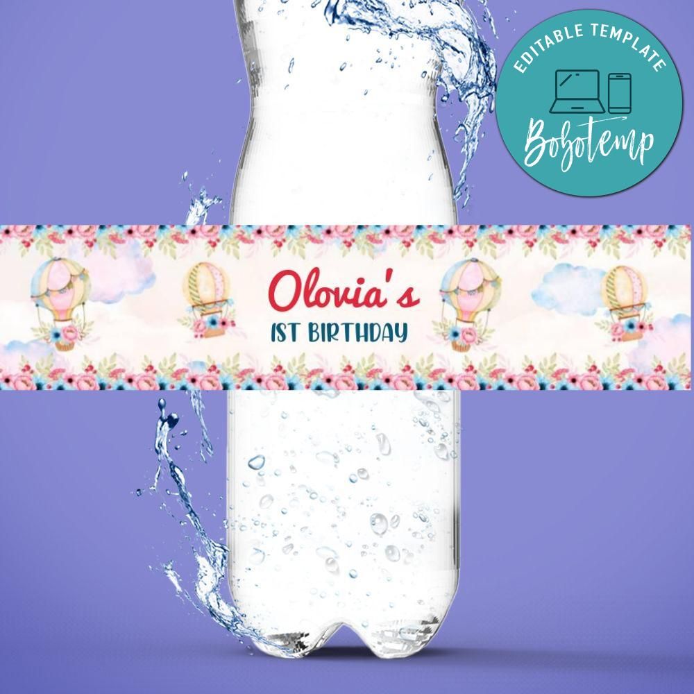 Hot air balloons Birthday party Water Bottle Label Template Bobotemp
