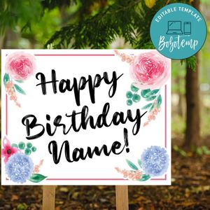 Pink Flowers Female Happy Birthday Yard Lawn Sign Digital File Printable Instant Download