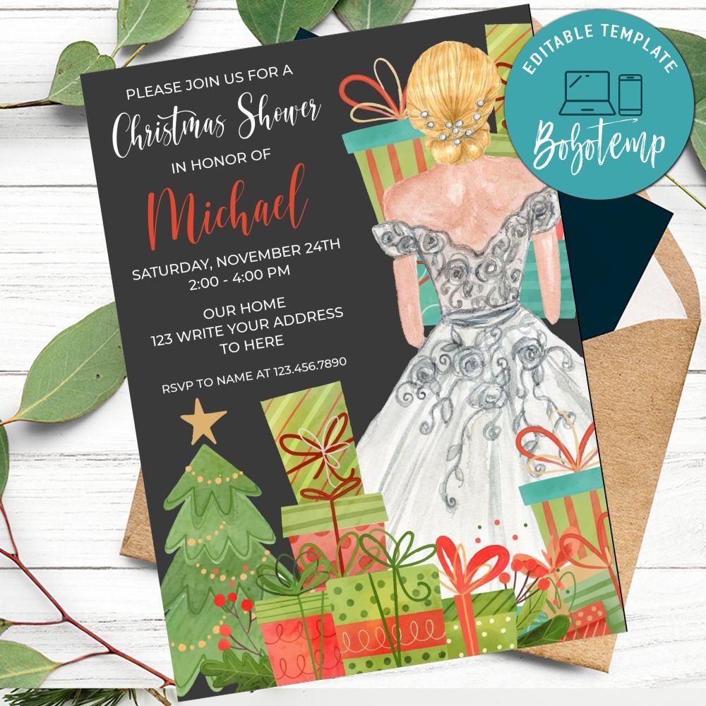Christmas Bridal Shower Invitation Customizable Template DIY