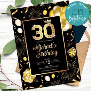 Gold Black Women Birthday Invitation Customizable Template to print at home Instant Download