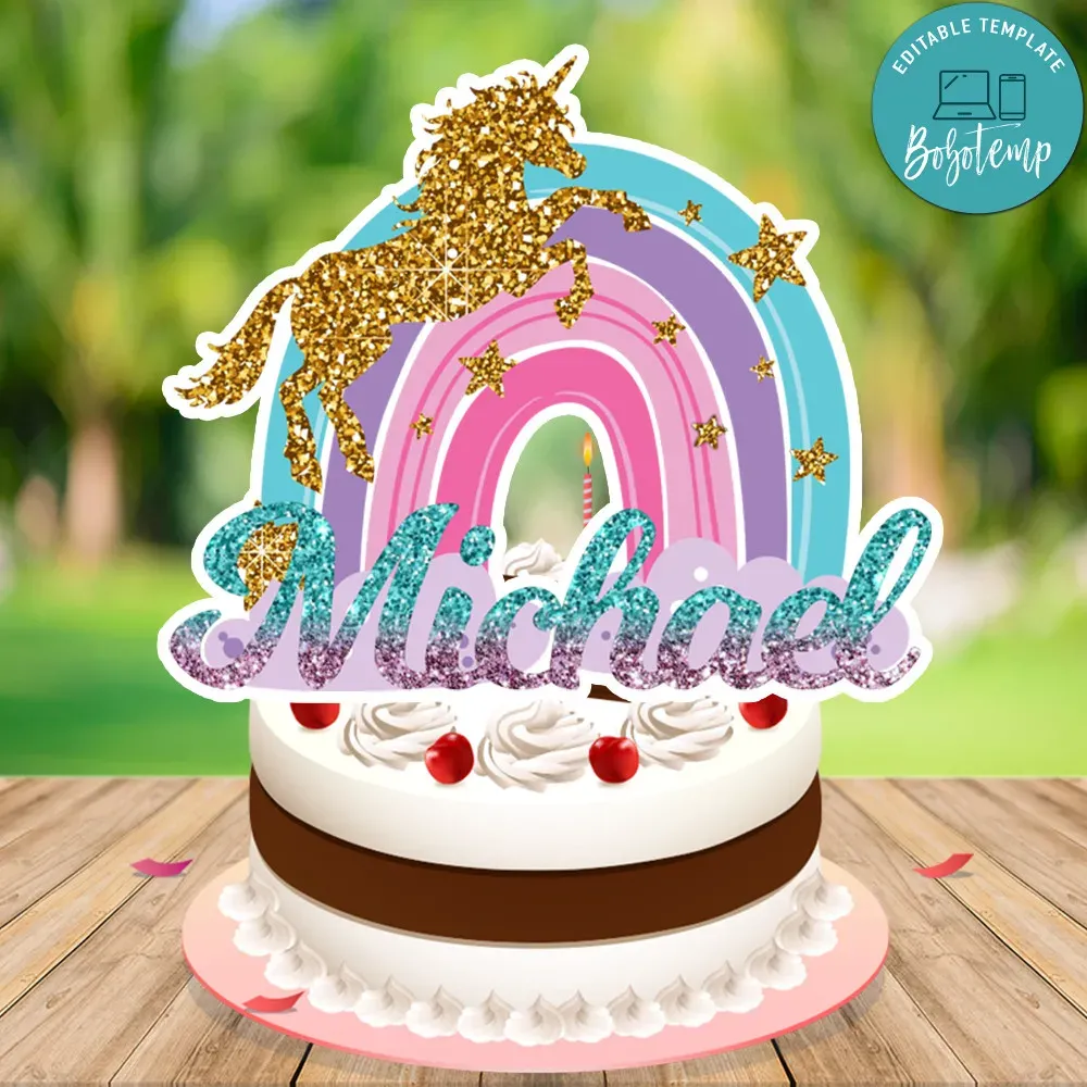 Magical Rainbow Unicorn Cake Topper Customizable Template DIY | Bobotemp