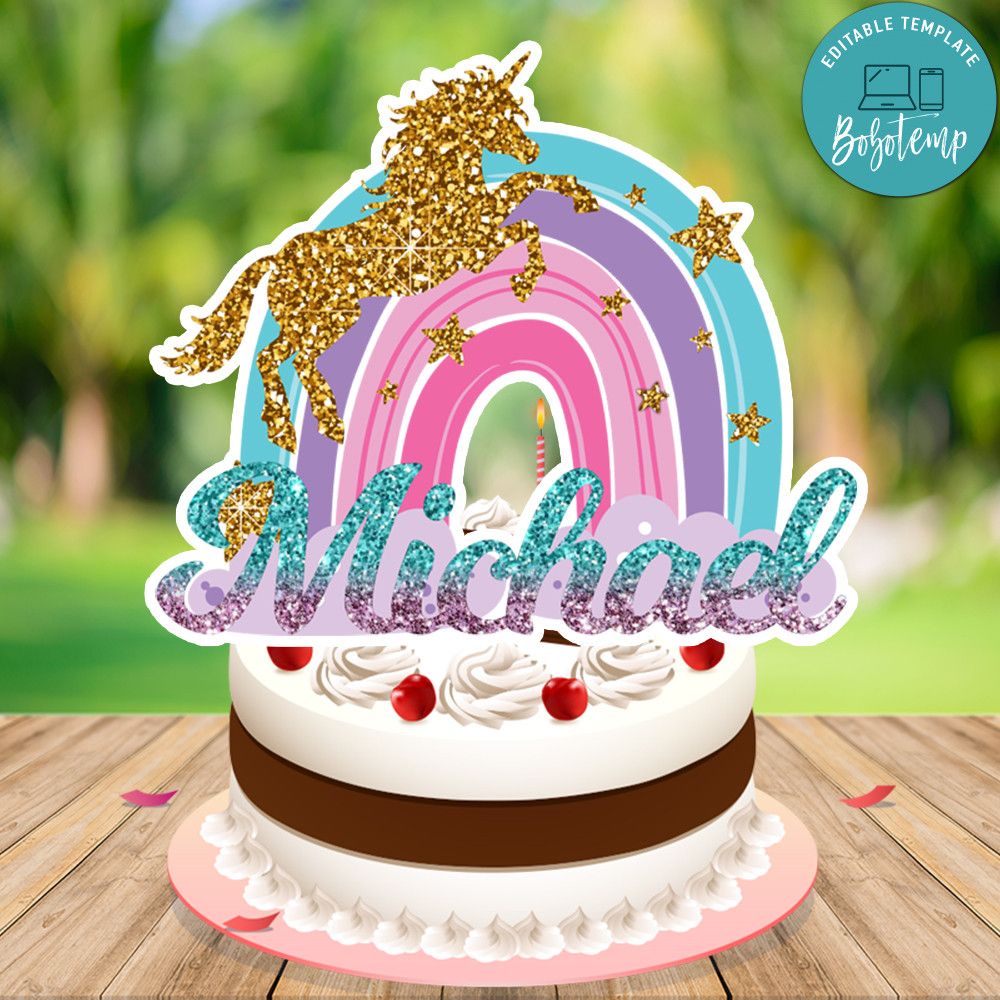 Magical Rainbow Unicorn Cake Topper Customizable Template DIY | Bobotemp