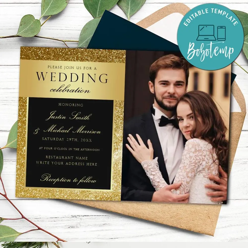 Gold Glitter Wedding Invitation Template Custom Photo DIY Bobotemp