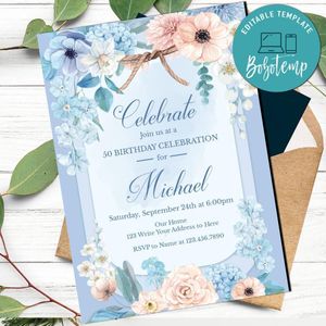 Blue Flower Invitation Customizable Template to print at home Instant Download
