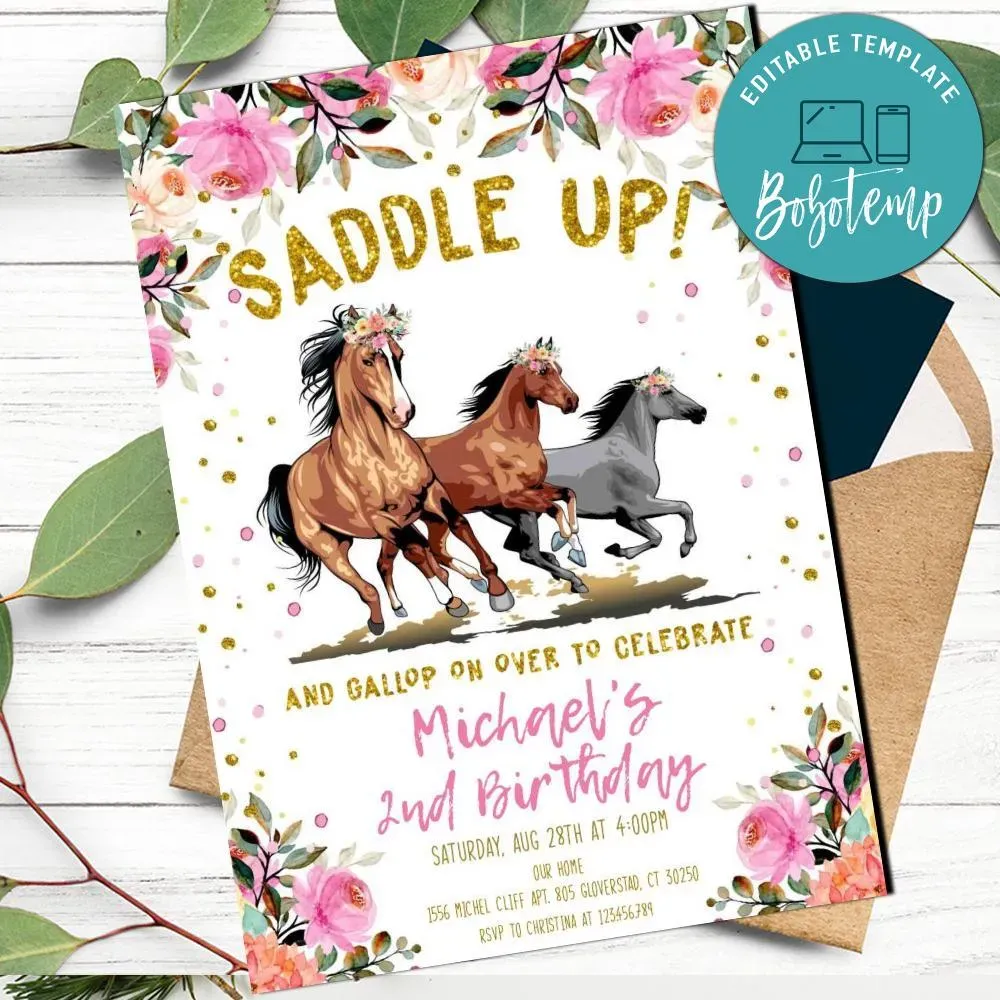 Pink Floral Horse Birthday Party Invitation Printable DIY | Bobotemp