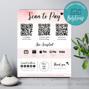 Scan to Pay Sign Template Customizable to Print at Home Instant Download