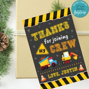 Construction Party Thank You Gift Tag Customizable Template Instant Download