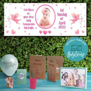 Girl First Holy Communion Day Banner Customizable Template Instant Download