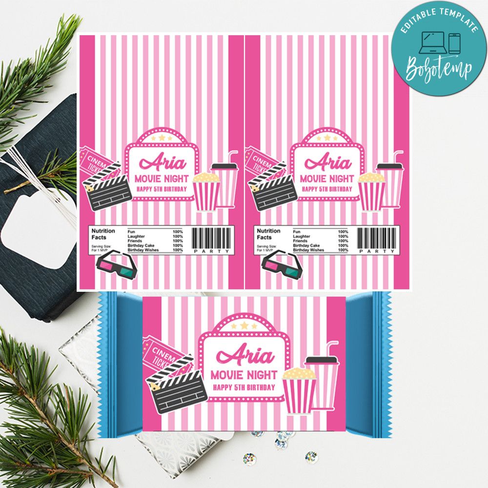 Pink Movie Night Candy Bar Wrapper Label Digital File | Bobotemp