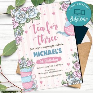 Tea for three Birthday Invitation Customizable Template to print at home Instant Download