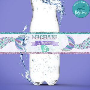 Mermaid tail Birthday Water Bottle Label Template to Print at Home Instant Download