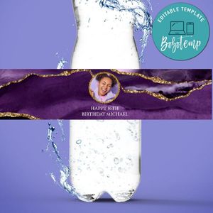 Purple and Gold Water Bottle Label Template to Print at Home Instant Download