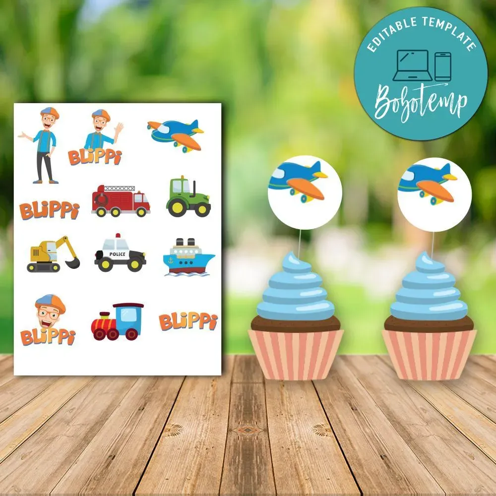 Customizable Blippi Cupcake Toppers Template Instant Download | Bobotemp